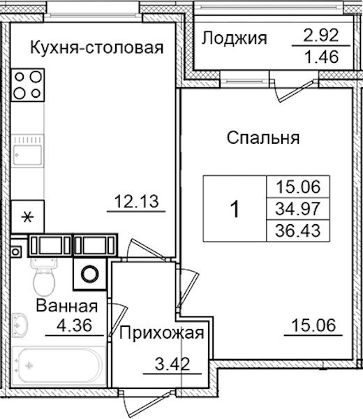 1-комнатная квартира 36.43 м², 2/9 эт., ЖК «Квартал Заречье»